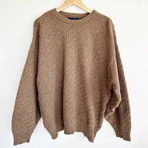 Vintage River Island Sweater Basket Weave Wool Blend Camel Tan Grandpa